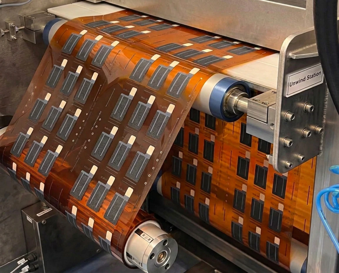 Roll-to-roll production line producing flexible battery electrodes