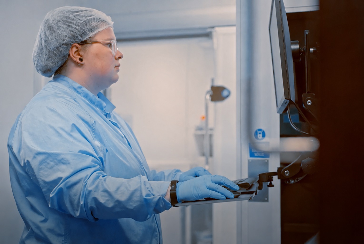 Engineer in cleanroom gear operating production equipment